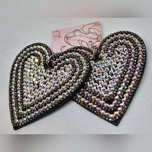 Black and dark green, bling heart-shaped earrings